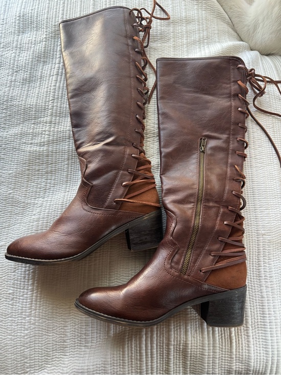 Cato Shoes - Cato Brown Lace-Up Knee Boots with Side Zip